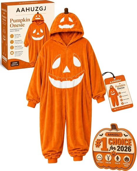 Pumpkin Jack O Lantern Hooded Onesie Costume Adults Cozy Plush Halloween Funny Pumpkin Matching with Hood Oversized