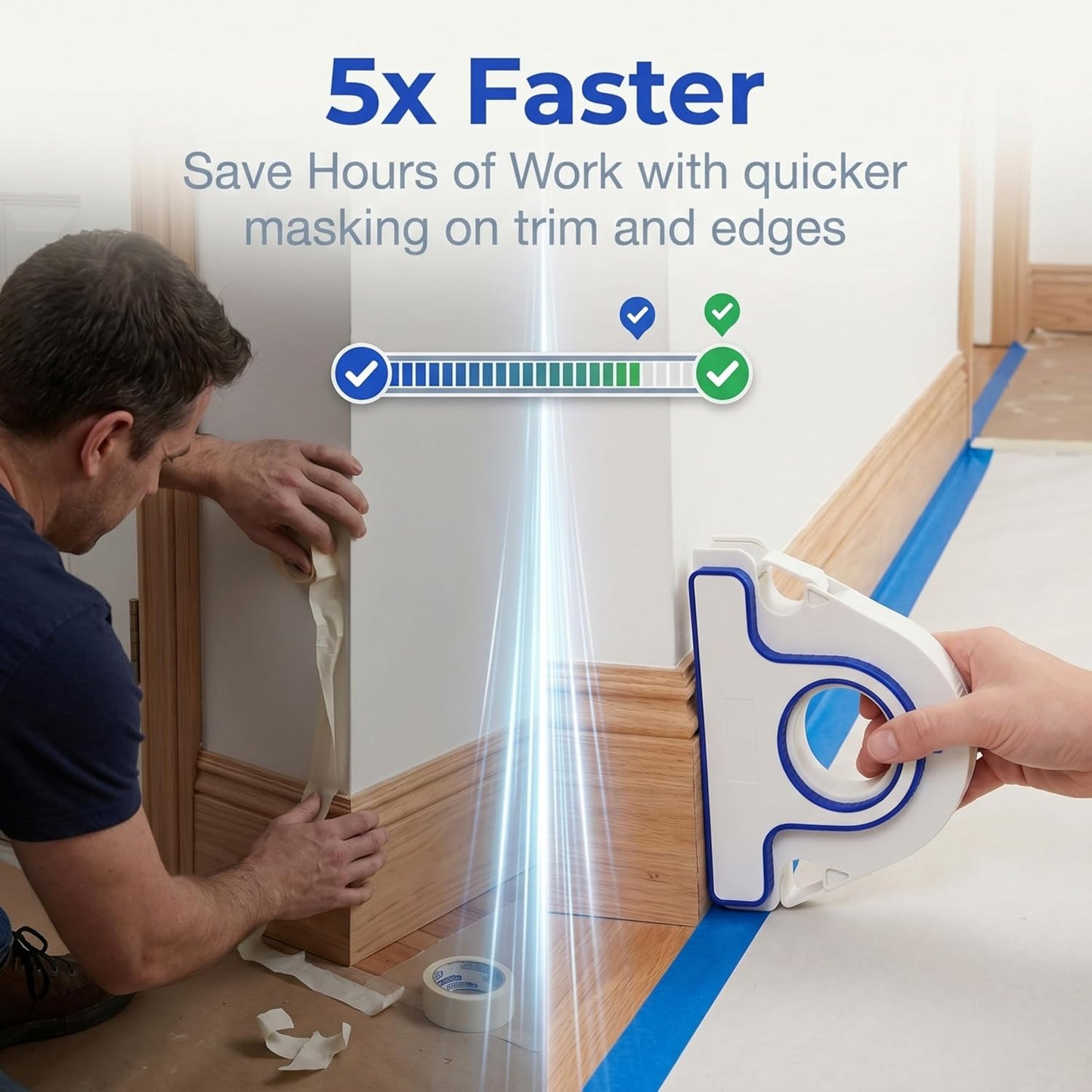 Masking Master Painters Tape Applicator, 5X Faster Tape Dispenser with Integrated Scraper, One-Step Precision Paint Tape Tool for Baseboards Windows Door Frames, Bleed-Proof Clean Paint Lines