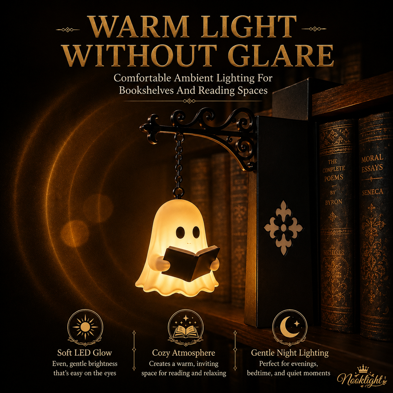 👻NookSpirit Ghost Reading Book Nook Light, Warm LED Hanging Ghost Lamp, Gothic Bookshelf Decor Gift for Book Lovers
