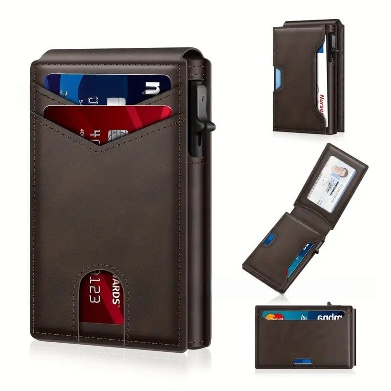 Last Day Sale Wallet - With Pop Up Aluminum Case Money Clip Slim Leather Slots Credit Card Holder RFID Blocking Bifold Minimalist Wallet