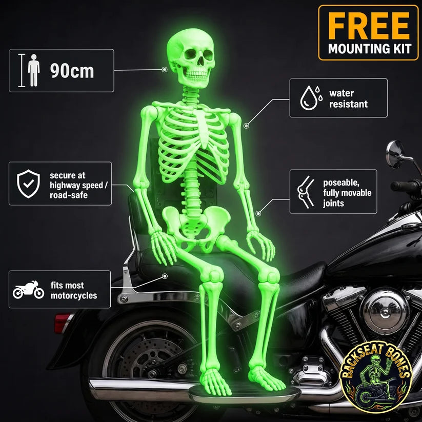 Backseat Bones Glow‑in‑the‑Dark Skeleton, Movable Joints Motorcycle Decor