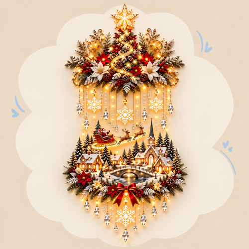 Lighted Christmas Tree and Village Wall Decoration