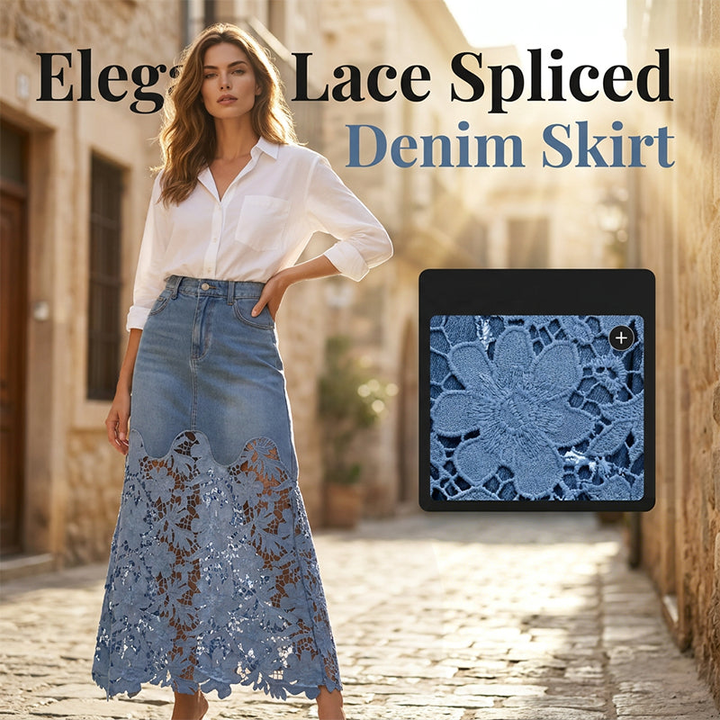 LONG DENIM SKIRT WITH LACE INSERT