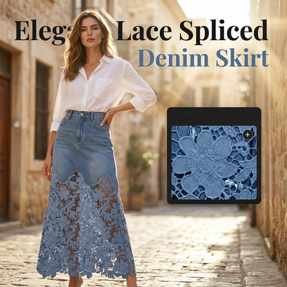 LONG DENIM SKIRT WITH LACE INSERT