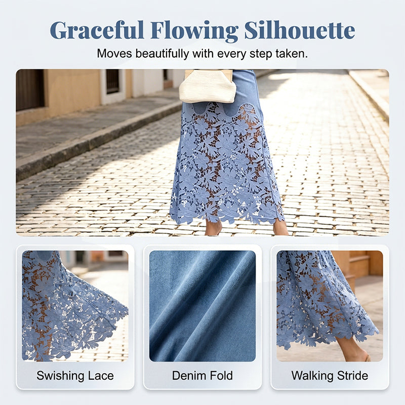 LONG DENIM SKIRT WITH LACE INSERT