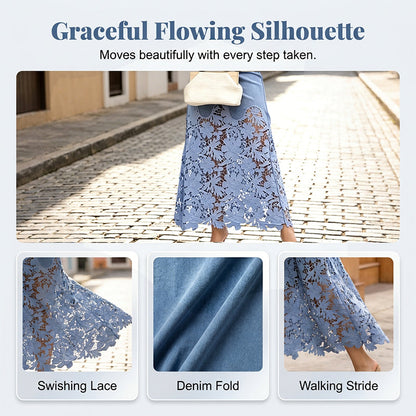 LONG DENIM SKIRT WITH LACE INSERT
