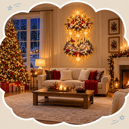 Lighted Christmas Tree and Village Wall Decoration