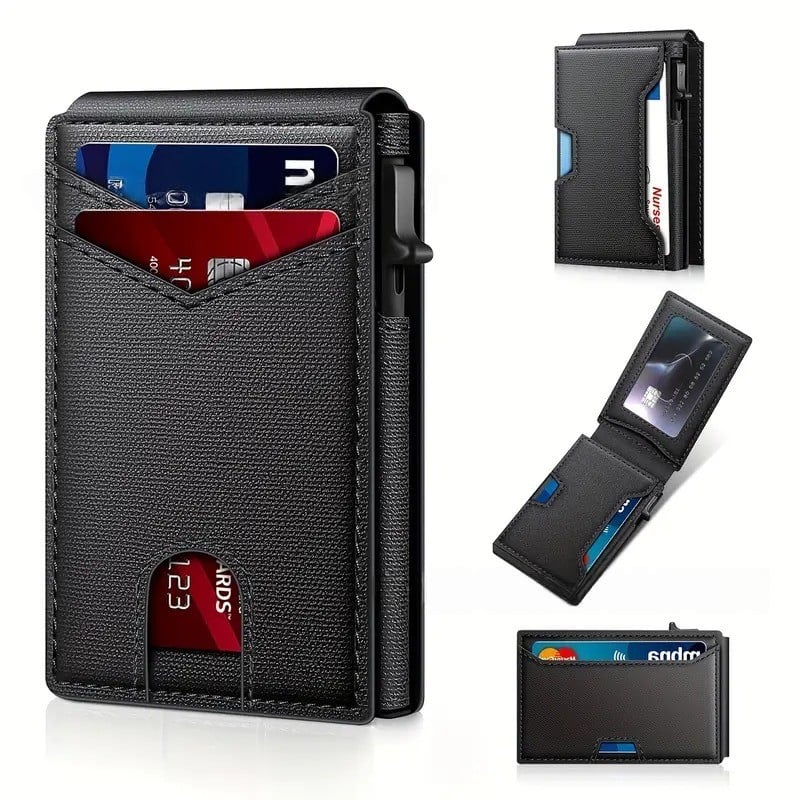 Last Day Sale Wallet - With Pop Up Aluminum Case Money Clip Slim Leather Slots Credit Card Holder RFID Blocking Bifold Minimalist Wallet
