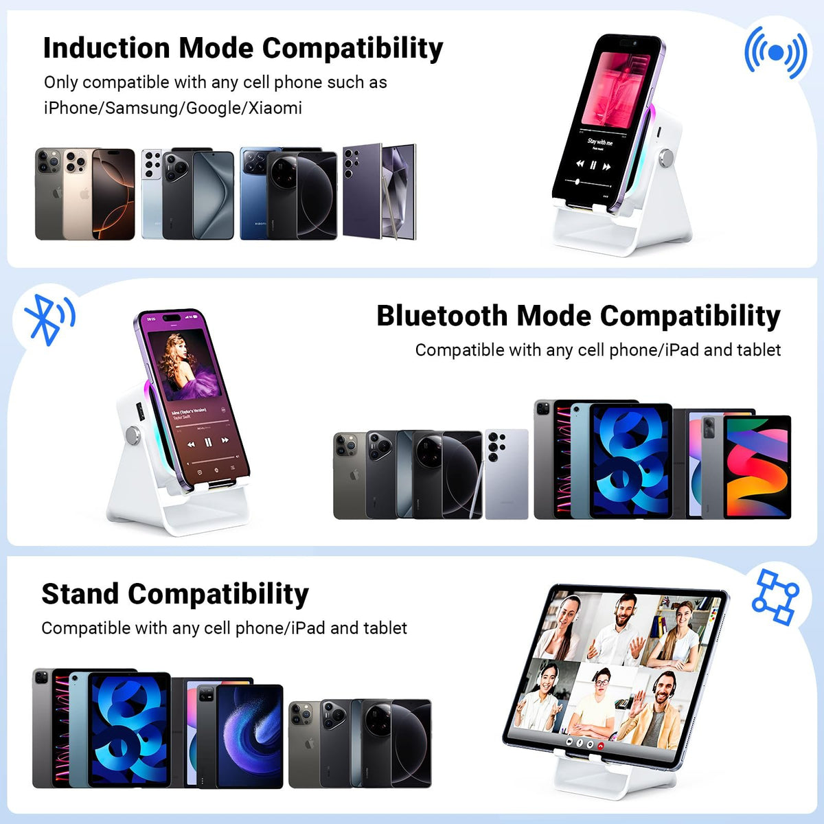 Wireless Induction Speaker 5-in-1 Bluetooth Speaker with Phone Stand,Stereo Sound