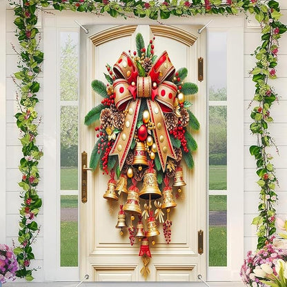 Christmas Door Covers,Decorative Bow Bell Wreath Christmas Door Wraps