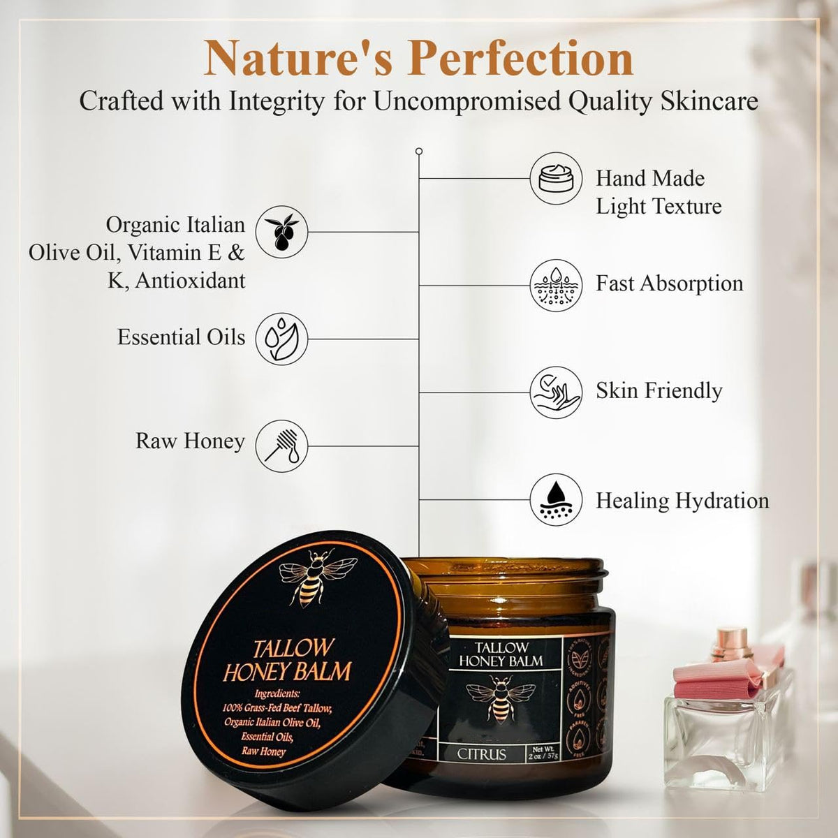 Organic Grass-Fed Beef Tallow Balm With Raw Honey