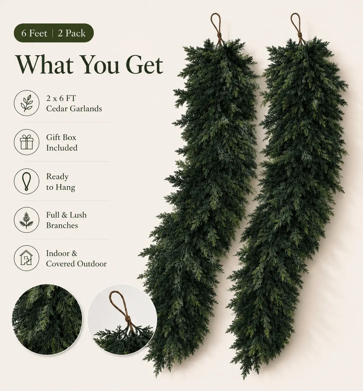 6 FT 2 PCS  Artificial Cedar Garlands, Real Touch Winter Cedar Garland🌲