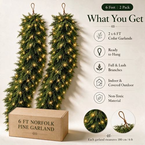 6 FT 2 PCS  Artificial Cedar Garlands, Real Touch Winter Cedar Garland🌲
