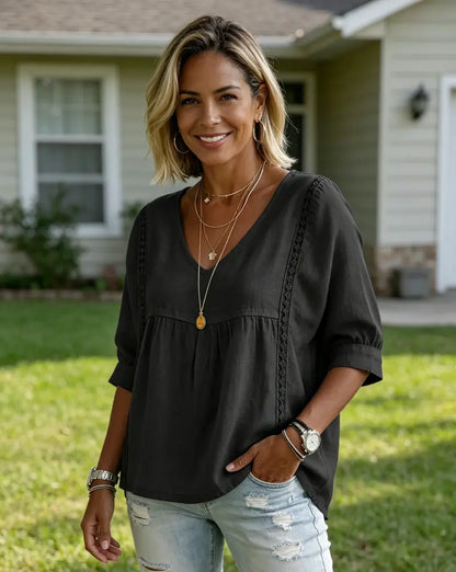 Women's Chic Loose-Fit V-Neck Lace Blouse
