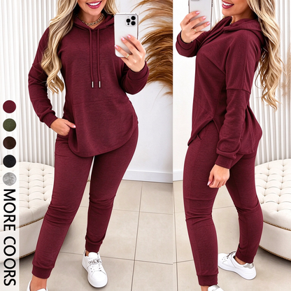 Women's Solid Basic 2-Piece Outfit, Drawstring Hooded Long Sleeve Top & Slim Fit Casual Pants 🧶