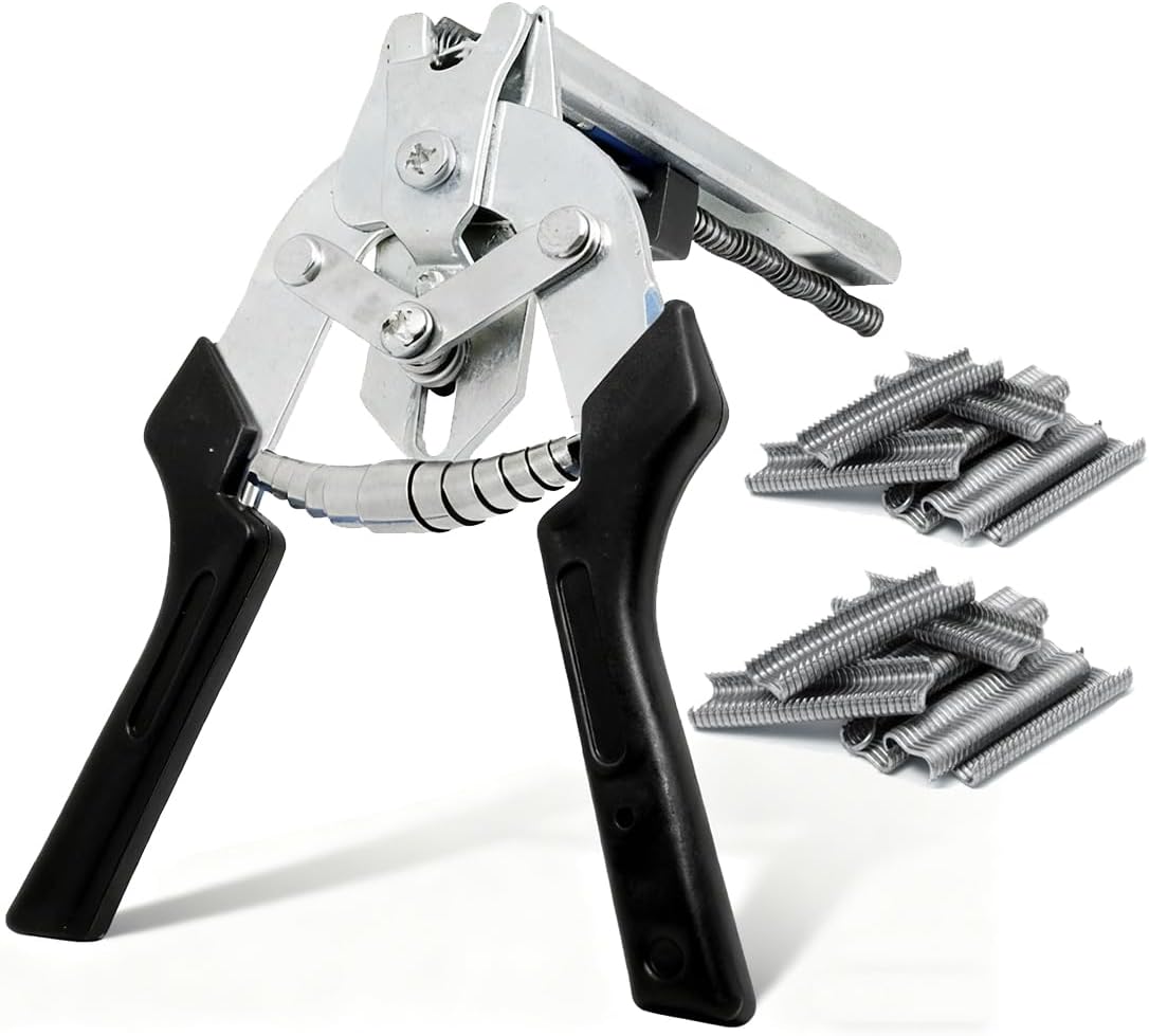 M-Type Hog Ring Pliers Kit - Heavy Duty Automatic Feeding Cage Clamp Tool with 1200 Galvanized M-Clips for Upholstery, Fencing, and Commercial Animal Cage Installation (Black)