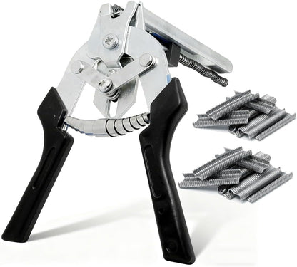 M-Type Hog Ring Pliers Kit - Heavy Duty Automatic Feeding Cage Clamp Tool with 1200 Galvanized M-Clips for Upholstery, Fencing, and Commercial Animal Cage Installation (Black)