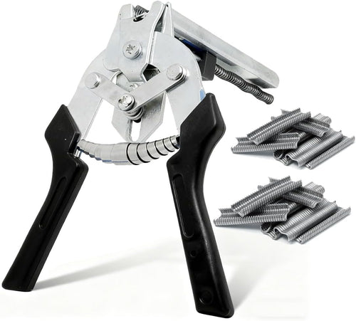 M-Type Hog Ring Pliers Kit - Heavy Duty Automatic Feeding Cage Clamp Tool with 1200 Galvanized M-Clips for Upholstery, Fencing, and Commercial Animal Cage Installation (Black)