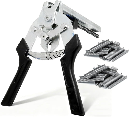 M-Type Hog Ring Pliers Kit - Heavy Duty Automatic Feeding Cage Clamp Tool with 1200 Galvanized M-Clips for Upholstery, Fencing, and Commercial Animal Cage Installation (Black)