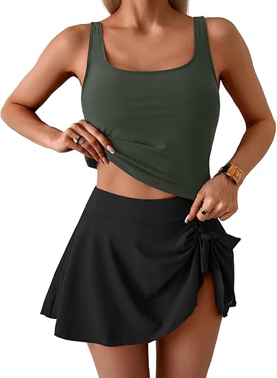 High-waisted tank-style swimsuit with a swim skirt