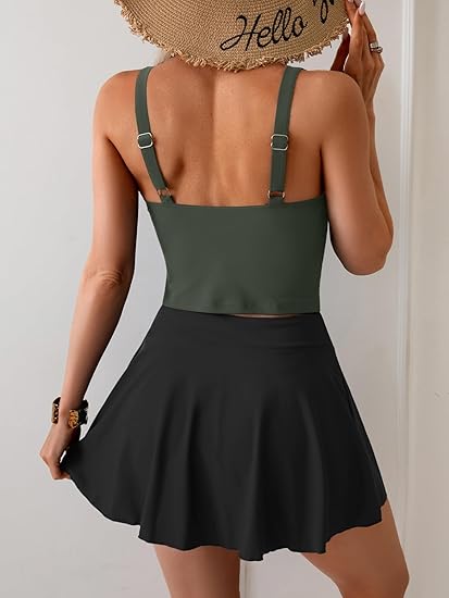 High-waisted tank-style swimsuit with a swim skirt