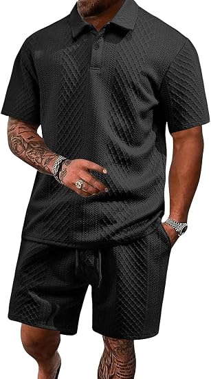 Men's 2 Pieces Outfits Casual Polo Shirt and Shorts Set Collar Athletic Jogging Summer Tracksuit
