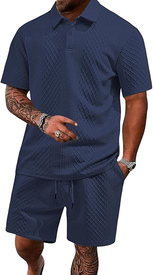 Men's 2 Pieces Outfits Casual Polo Shirt and Shorts Set Collar Athletic Jogging Summer Tracksuit