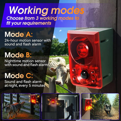 Solar Outdoor Motion Sensor Alarm - Dog Barking & Gunshot Sound, Support Recording and Volume Adjustment, 130dB Noise with Flashing Light to Deter Raccoon, Deer, Skunk, Bear, Coyote
