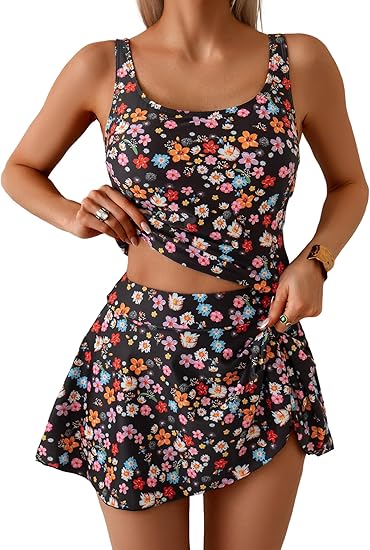 High-waisted tank-style swimsuit with a swim skirt