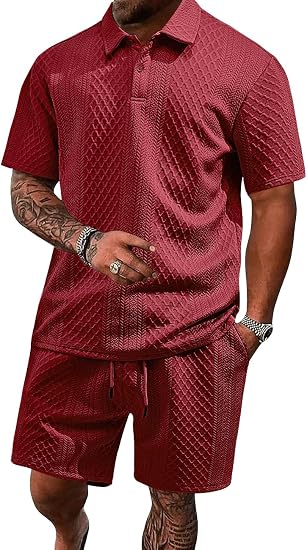 Men's 2 Pieces Outfits Casual Polo Shirt and Shorts Set Collar Athletic Jogging Summer Tracksuit