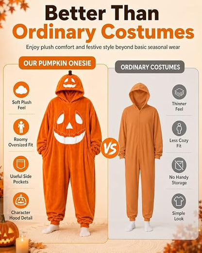 Pumpkin Jack O Lantern Hooded Onesie Costume Adults Cozy Plush Halloween Funny Pumpkin Matching with Hood Oversized
