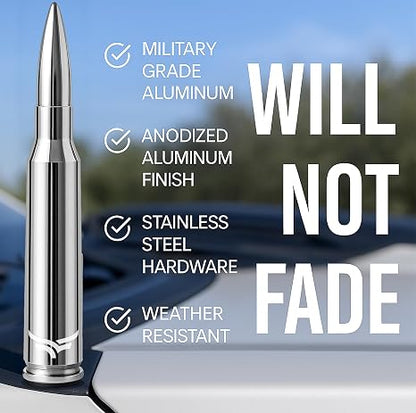EcoAuto Bullet Antenna Replacement for Dodge Ram & Ford F150 F250 F350 Super Duty Ford Raptor Bronco Trucks - Anti-Theft Design - Radio Antenna for Truck 1990 - Current (Chrome)