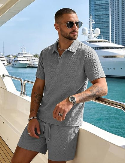 Men's 2 Pieces Outfits Casual Polo Shirt and Shorts Set Collar Athletic Jogging Summer Tracksuit