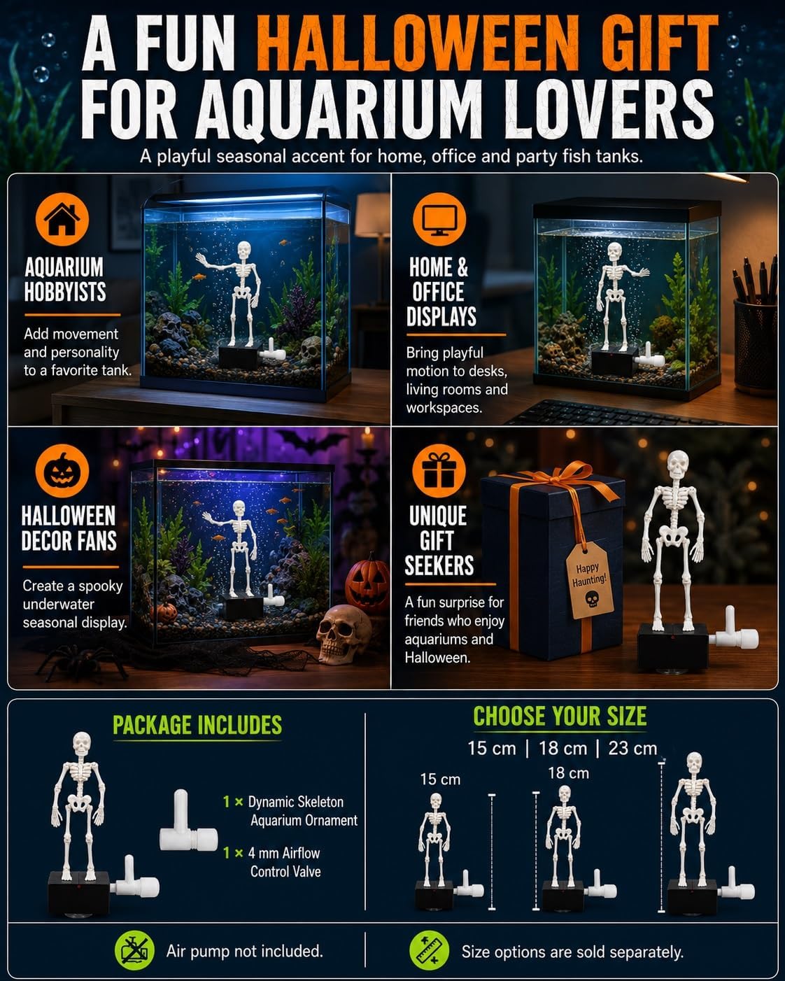 👻Make Your Aquarium Unique! Air Powered Dancing Skeleton Figurine Creates Funny Moving Scene Underwater with Bubble Aeration
