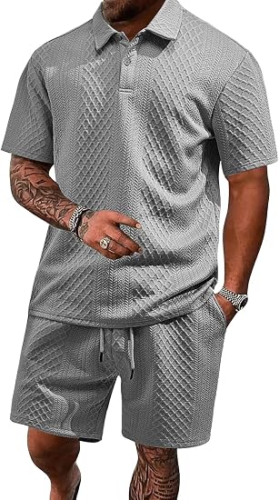 Men's 2 Pieces Outfits Casual Polo Shirt and Shorts Set Collar Athletic Jogging Summer Tracksuit