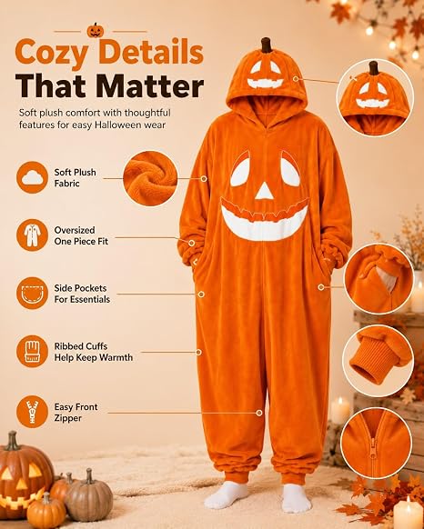 Pumpkin Jack O Lantern Hooded Onesie Costume Adults Cozy Plush Halloween Funny Pumpkin Matching with Hood Oversized