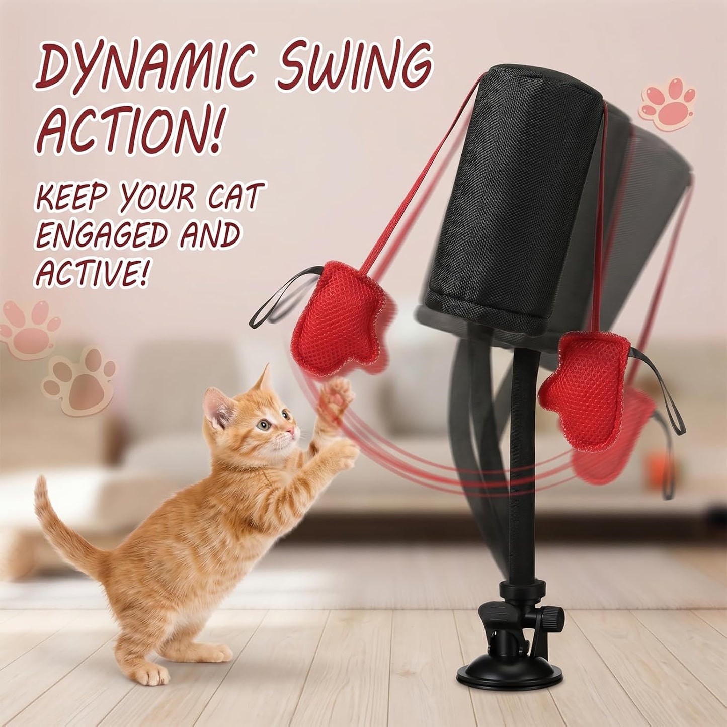 Paw Punch Cat Toy, Cat Punching Bag with Boxing Gloves – Interactive Exercise Toy for Indoor Play, Durable Suction Cup Activity Center, Easy-Clean Fabric for Mess-Free Fun