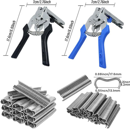 M-Type Hog Ring Pliers Kit - Heavy Duty Automatic Feeding Cage Clamp Tool with 1200 Galvanized M-Clips for Upholstery, Fencing, and Commercial Animal Cage Installation (Black)