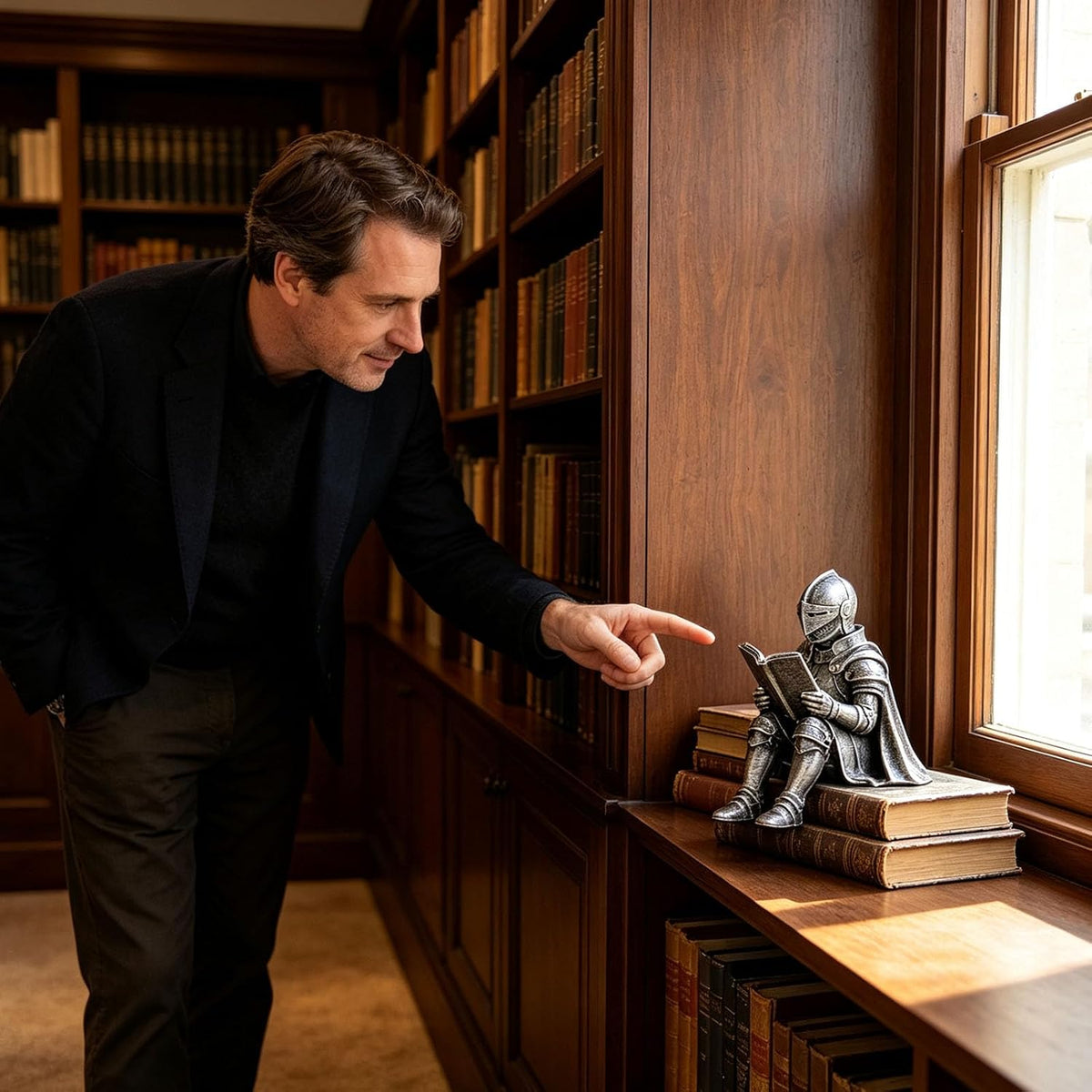 Medieval Reading Knight Statue, Bookshelf Decor for Fantasy Lovers