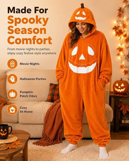 Pumpkin Jack O Lantern Hooded Onesie Costume Adults Cozy Plush Halloween Funny Pumpkin Matching with Hood Oversized