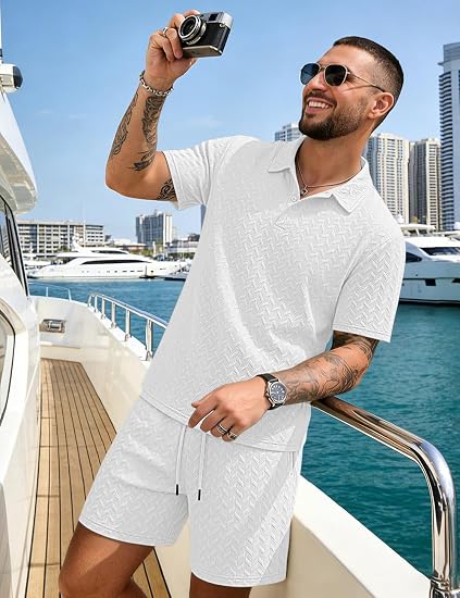 Men's 2 Pieces Outfits Casual Polo Shirt and Shorts Set Collar Athletic Jogging Summer Tracksuit