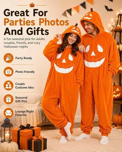 Pumpkin Jack O Lantern Hooded Onesie Costume Adults Cozy Plush Halloween Funny Pumpkin Matching with Hood Oversized