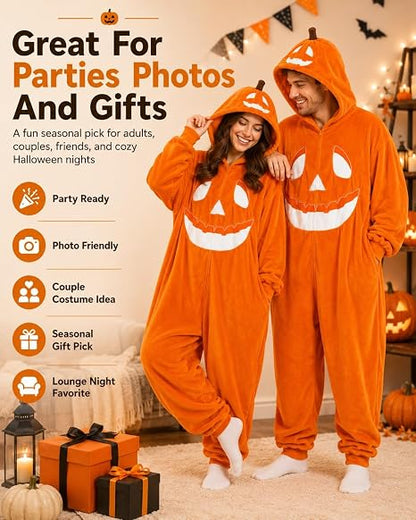 Pumpkin Jack O Lantern Hooded Onesie Costume Adults Cozy Plush Halloween Funny Pumpkin Matching with Hood Oversized