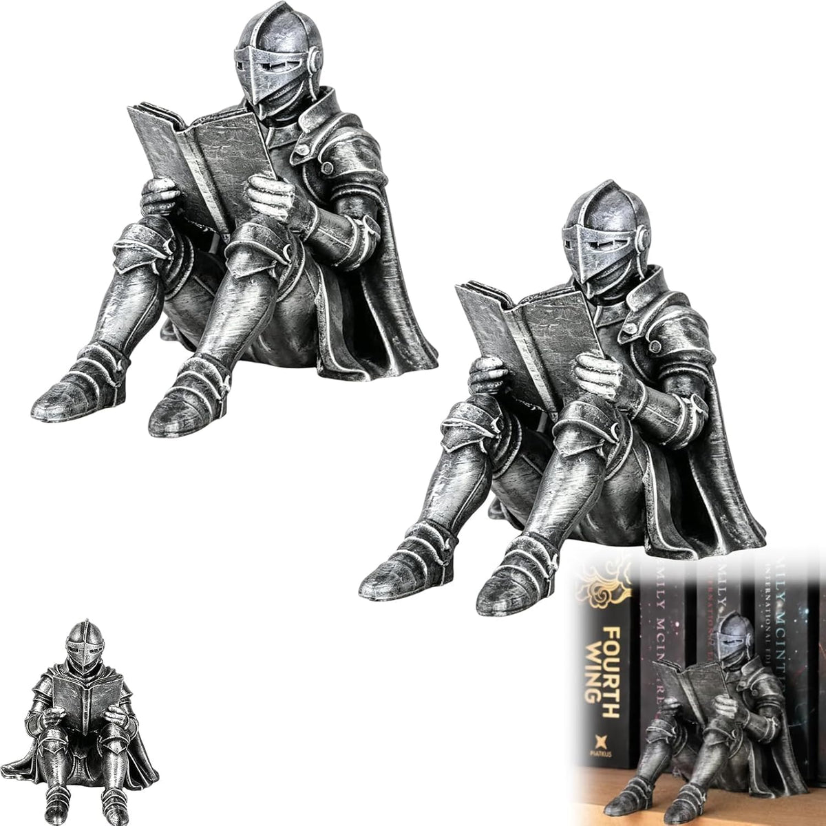 Medieval Reading Knight Statue, Bookshelf Decor for Fantasy Lovers