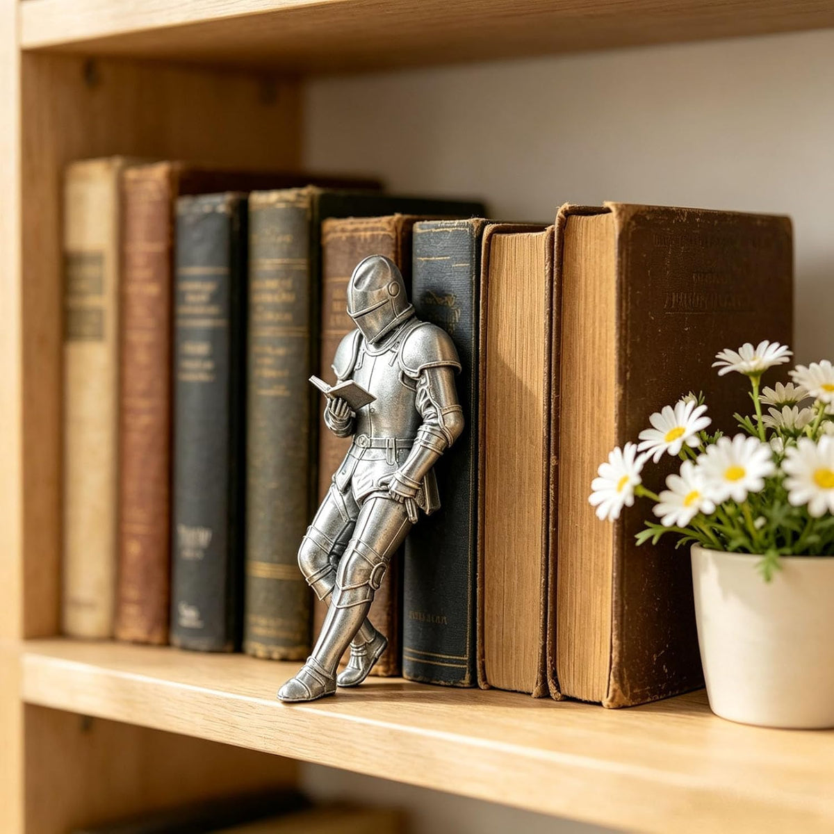 Medieval Reading Knight Statue, Bookshelf Decor for Fantasy Lovers