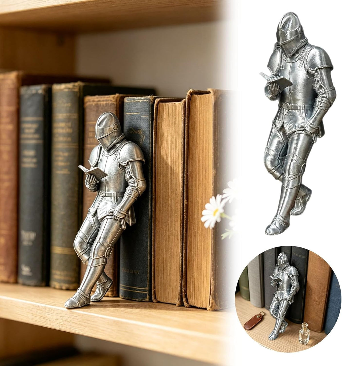 Medieval Reading Knight Statue, Bookshelf Decor for Fantasy Lovers