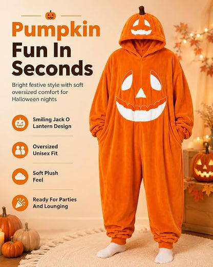 Pumpkin Jack O Lantern Hooded Onesie Costume Adults Cozy Plush Halloween Funny Pumpkin Matching with Hood Oversized
