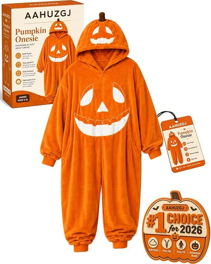Pumpkin Jack O Lantern Hooded Onesie Costume Adults Cozy Plush Halloween Funny Pumpkin Matching with Hood Oversized