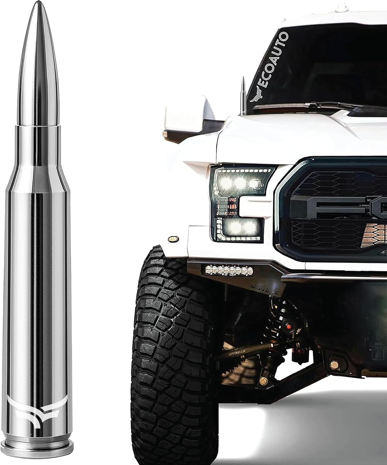 EcoAuto Bullet Antenna Replacement for Dodge Ram & Ford F150 F250 F350 Super Duty Ford Raptor Bronco Trucks - Anti-Theft Design - Radio Antenna for Truck 1990 - Current (Chrome)