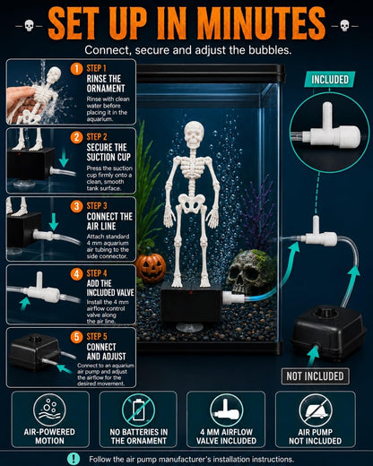👻Make Your Aquarium Unique! Air Powered Dancing Skeleton Figurine Creates Funny Moving Scene Underwater with Bubble Aeration